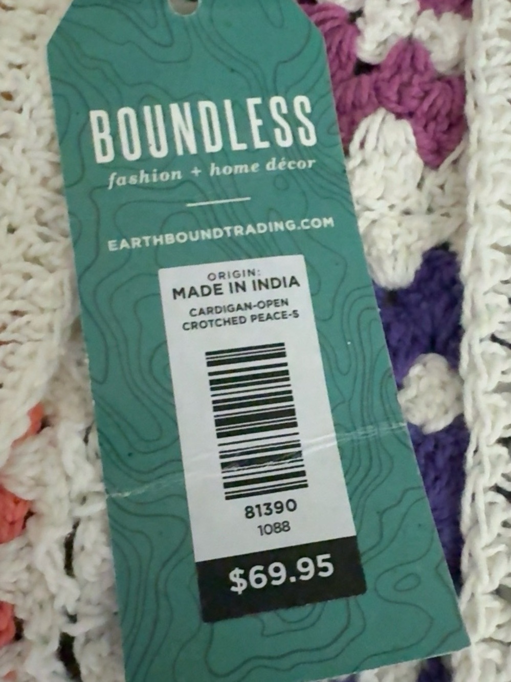 EARTHBOUND Cream Crochet Cardigan with Teal, Purple & Coral Squares - Picture 2 of 6